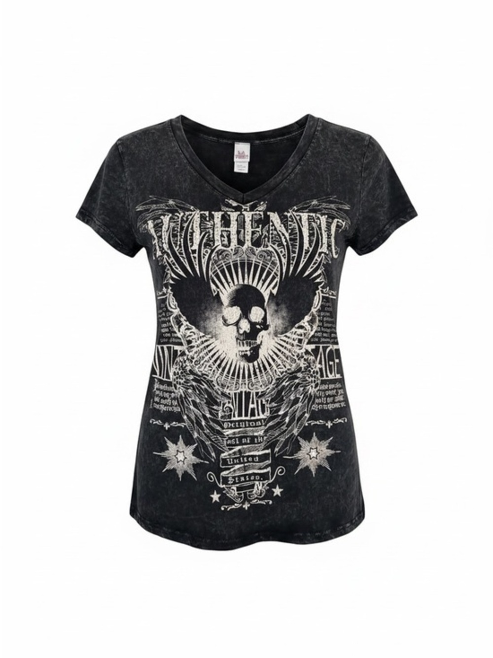 Women's Black Graphic V-Neck Tee with Skull and Wing Design